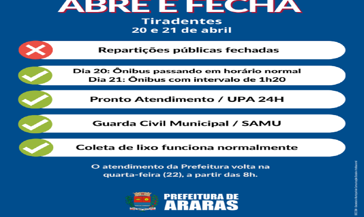 Veja o que abre e fecha em Araras no feriado de Tiradentes