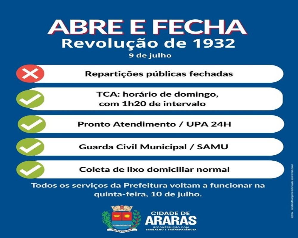 9 de Julho: veja o que abre e fecha em Araras