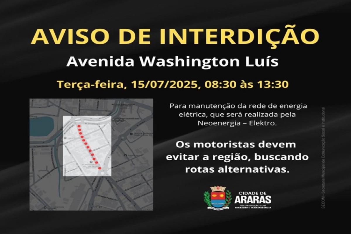 Trecho da Avenida Washington Luis será interditado nesta terça-feira