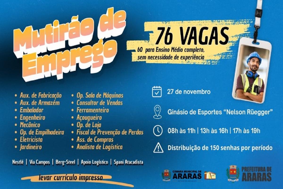 MULTIRÃO DO EMPREGO SERÁ NESTA QUINTA-FEIRA 27/11 EM ARARAS SP