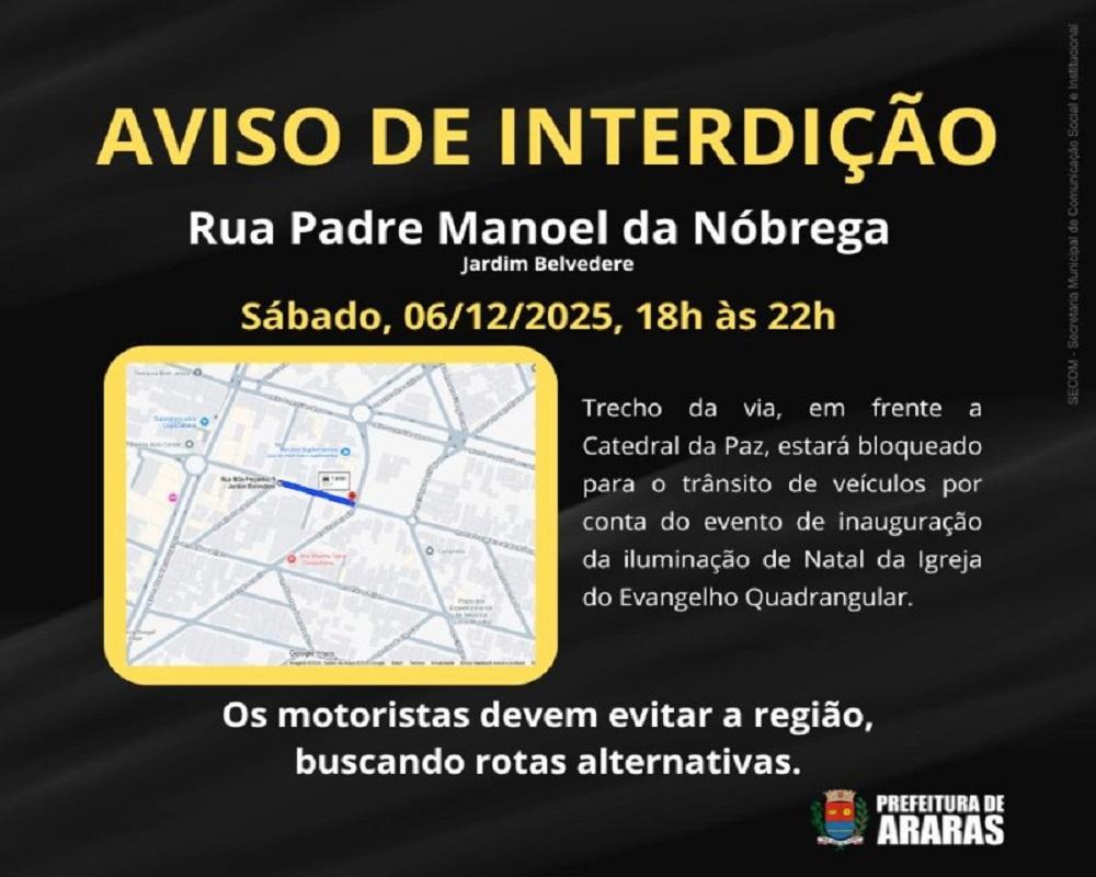 Rua Padre Manoel da Nóbrega estará interditada na noite de sábado