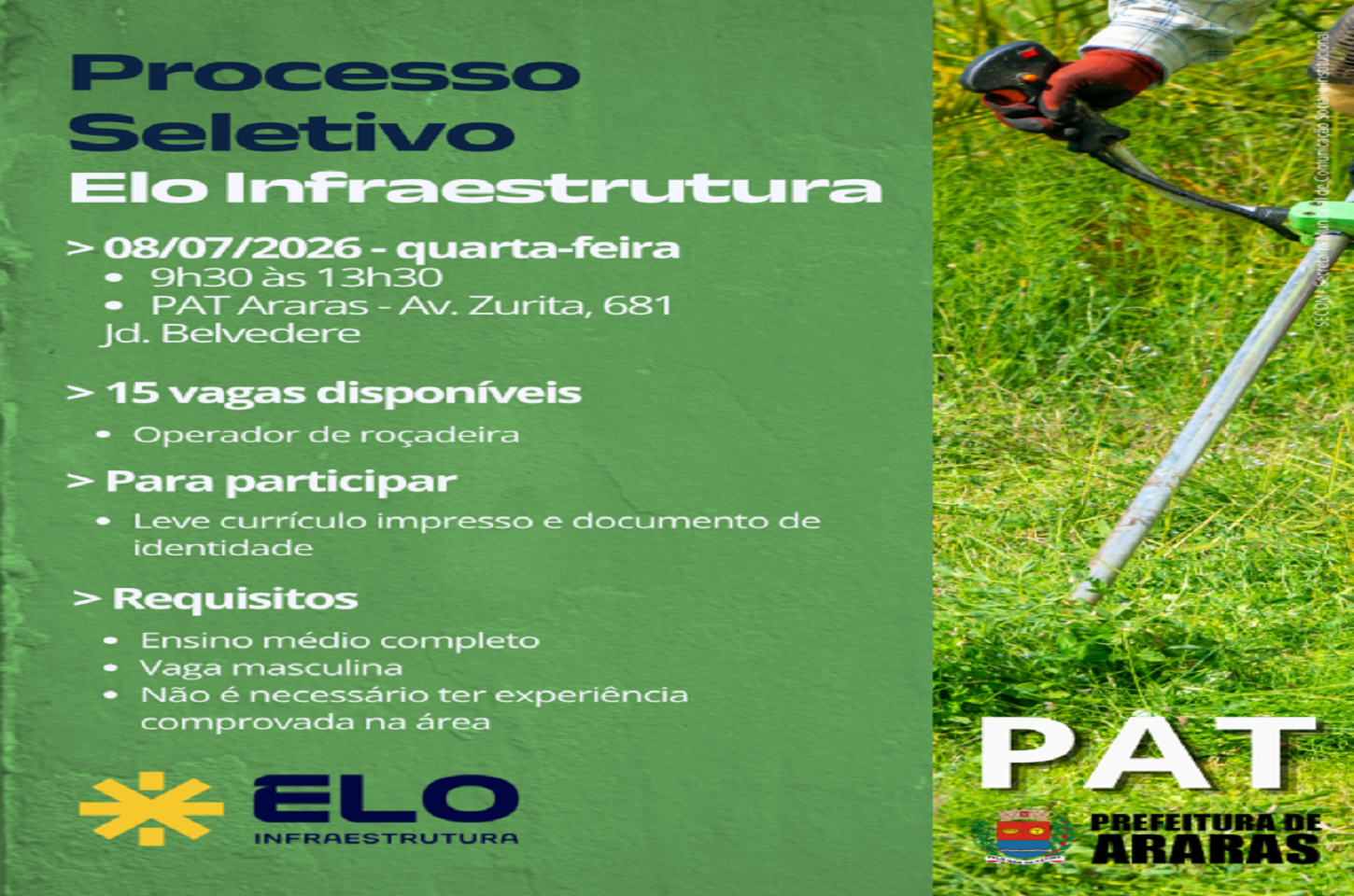 PAT e Elo Infraestrutura realizam feirão de emprego com 15 vagas