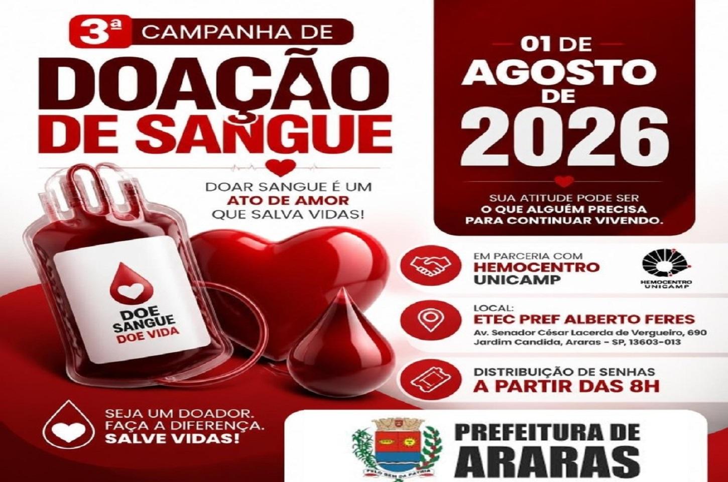 3ª Campanha de Doação de Sangue de 2026 é neste sábado