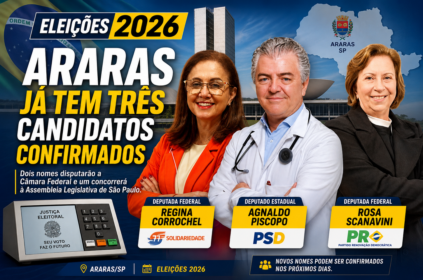 Araras já tem três candidaturas confirmadas para as eleições de 2026; confira quem são os nomes anunciados