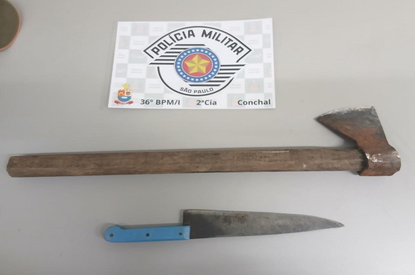 CONCHAL: POLÍCIA MILITAR APREENDE MACHADO E FACA APÓS OCORRÊNCIA DE AMEAÇA E DANO MATERIAL