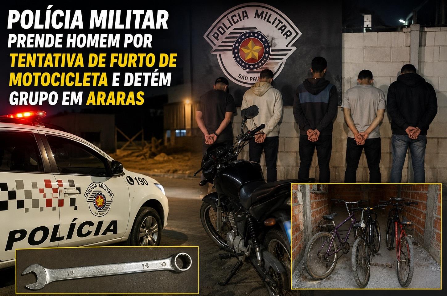 POLÍCIA MILITAR PRENDE HOMEM POR TENTATIVA DE FURTO DE MOTOCICLETA E DETÉM GRUPO EM ARARAS