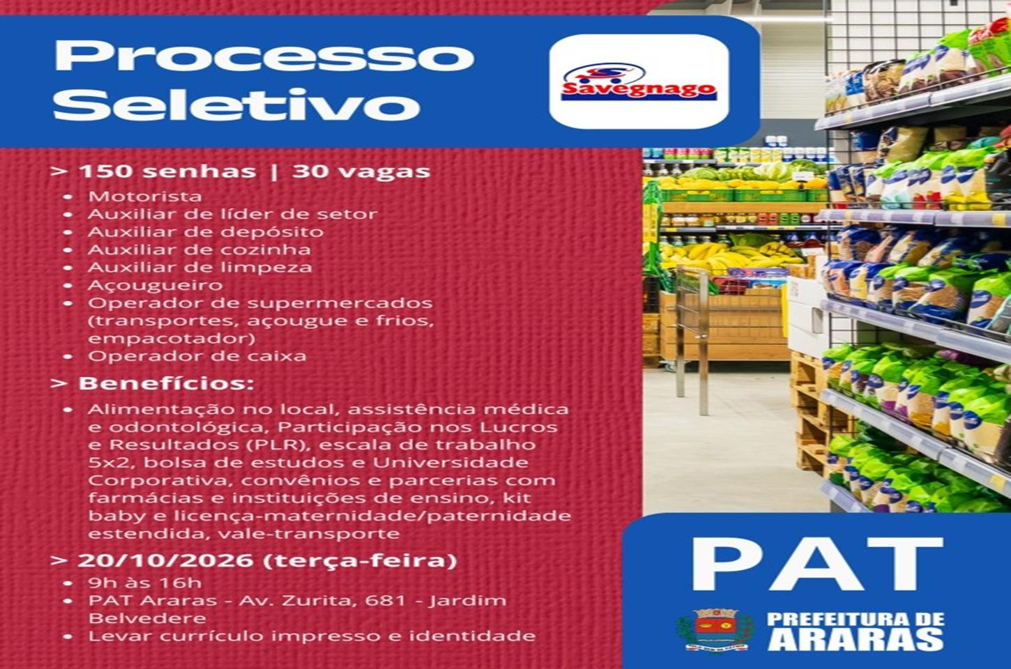 Prefeitura e Savegnago realizam mutirão de emprego dia 20