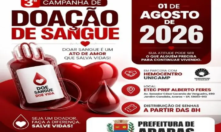 3ª Campanha de Doação de Sangue de 2026 é neste sábado