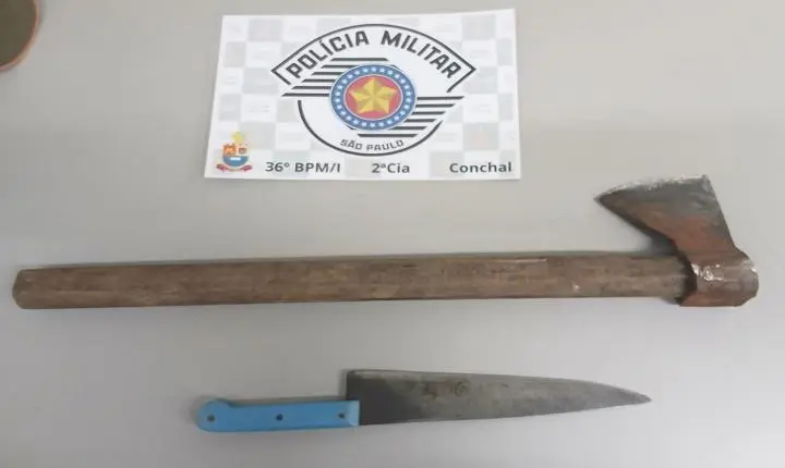 CONCHAL: POLÍCIA MILITAR APREENDE MACHADO E FACA APÓS OCORRÊNCIA DE AMEAÇA E DANO MATERIAL