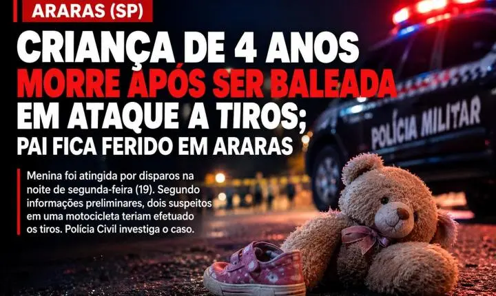 Criança de 4 anos morre após ser baleada em ataque a tiros; pai fica ferido em Araras