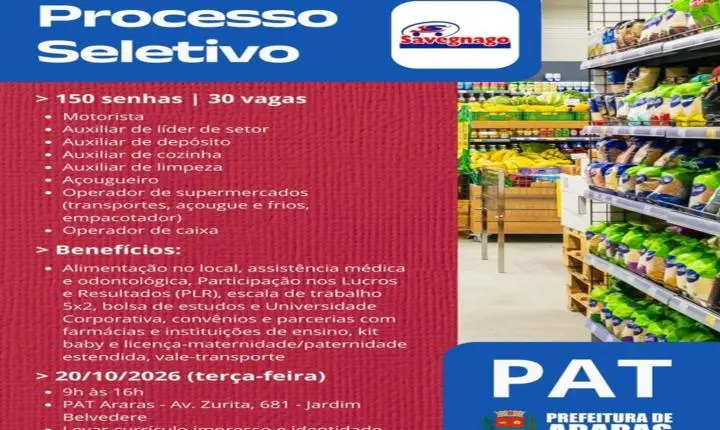 Prefeitura e Savegnago realizam mutirão de emprego dia 20