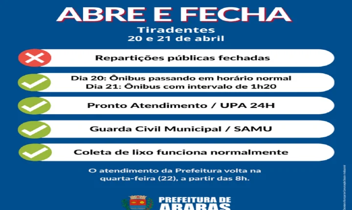 Veja o que abre e fecha em Araras no feriado de Tiradentes