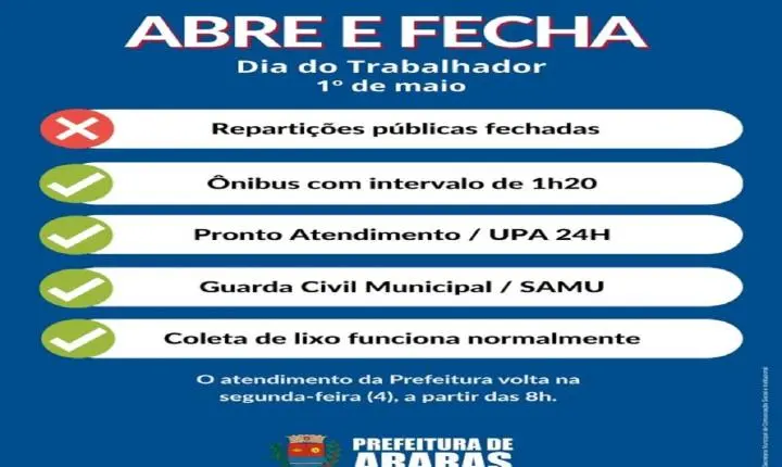 Veja o que abre e fecha no feriado do “Dia do Trabalho”